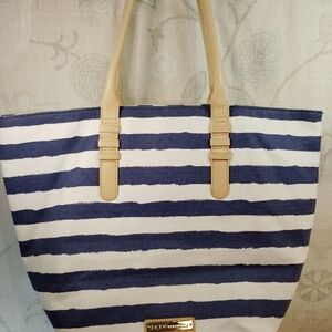 BCBG Navy and Cream Striped Tote